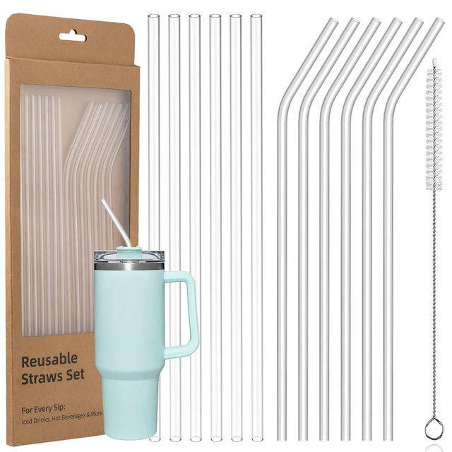 12 Pack Reusable Straws Compatible with Stanley/Yeti 30oz-40oz Cup Tumbler, 12" Long Plastic Clear Bend Replacement Straws with Cleaning Brush for Smoothies, Milkshakes, Everyday Drinks
