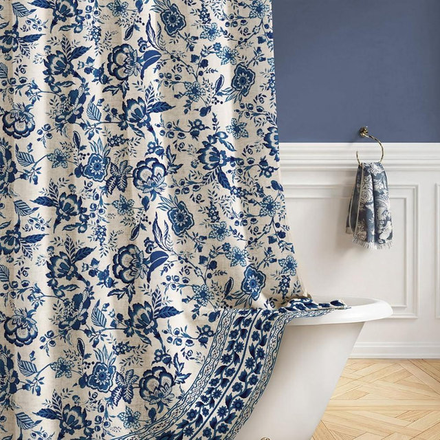 NDDYCU Navy Blue Fabric Shower Curtain,Modern Abstract Geometric Floral Summer Shower Curtain for Bathroom,72" W X 72" L
