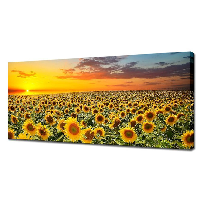 Sunflower Canvas Wall Art Brilliant Sunflower with Sunset Landscape Picture Painting Printed on Canvas Framed and Stretched Floral Wall Decor for Home Living Room Bedroom Office Kitchen Wall Decoration 20"x48" Ready to Hang