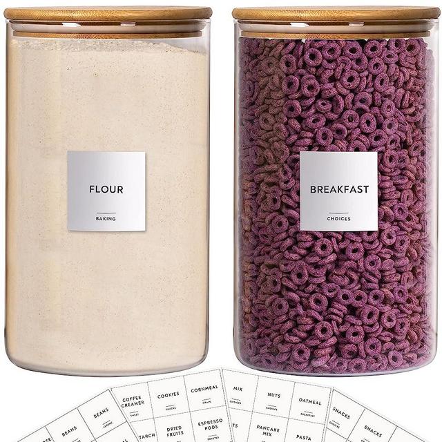 Laramaid 1-Gallon 2Pack Glass Jar Canisters with Minimalist Labels, 136oz Round Pantry Jars with Bamboo Lids, Vinyl Customized Labels & Pen, Food Storage Containers for Home, Kitchen & Pantry
