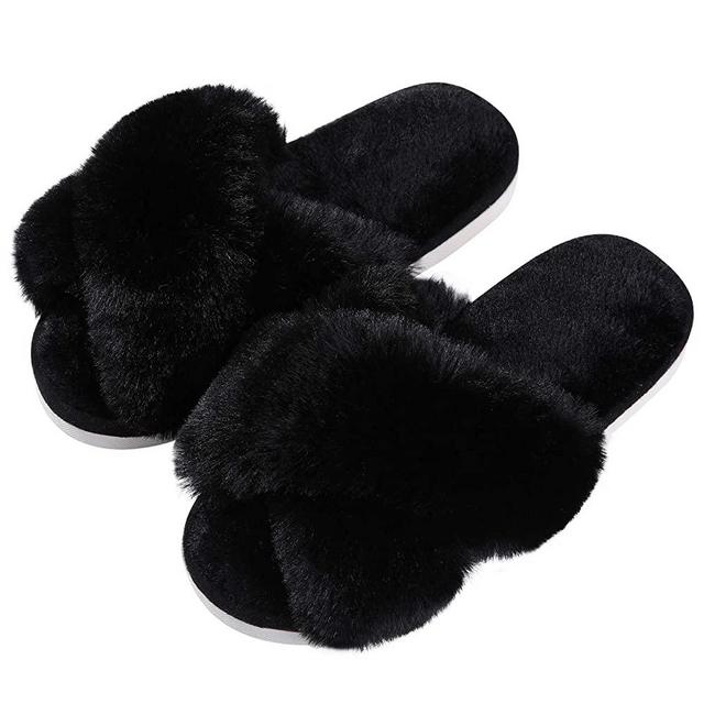 Evshine Women's Fuzzy Slippers Cross Band Memory Foam House Slippers Open Toe