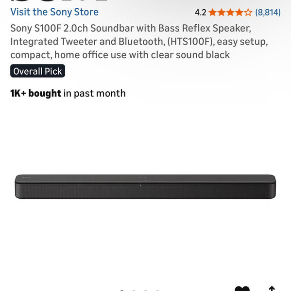 Sony S100F 2.0ch Soundbar with Bass Reflex Speaker, Integrated Tweeter and Bluetooth, (HTS100F), easy setup, compact, home office use with clear sound black