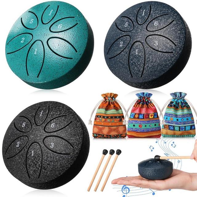 Maasechs 3 Pcs Rain Drum for Outside Mini Steel Rain Bells 3 Inch 6 Notes Echos Drum with Cloth Bags and Mallets Chakra Tongue Instrument Chime for Musical Entertainment Meditation Graduation Gift