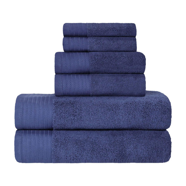 Premium Cotton Solid, Herringbone Medium Weight 6-Piece, Bathroom Towel Set, Navy Blue - Blue Nile Mills