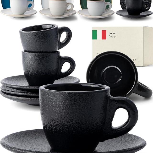 KIVY 3 oz Espresso cups set of 4 - Thick walled stoneware espresso cup set - Italian style espresso cups and saucers - Demitasse cups set of 4 - Espresso mugs black - Espresso shot cups & saucers