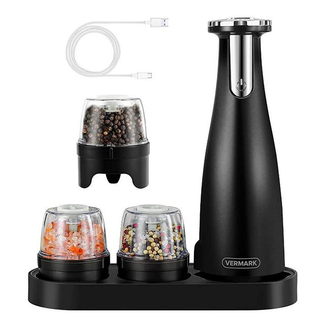 Electric Salt and Pepper Grinder Set, Vermark USB Rechargeable Mill Grinder, 3 Easy Change Spice Jar, Pepper Mill with Adjustable Coarseness, LED Light, One Handed Operation(Black)