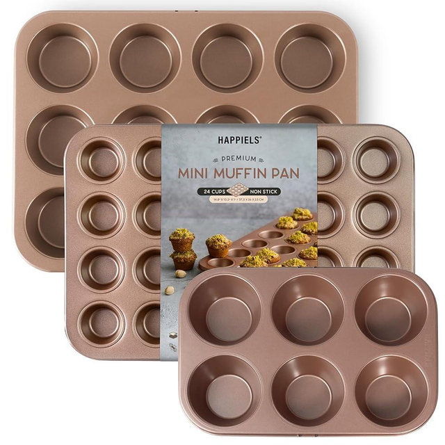 HAPPIELS Set of 3 Muffin Pans - Regular 12 - Cup Muffin Tray, 6 Cup Jumbo Cupcake Pan & 24 Cup Mini Muffin Tin
