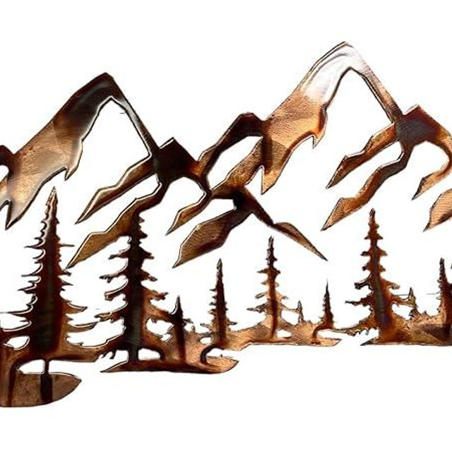 Copper Plated Metal Art Scene - Trees and Mountains (36" x 15")