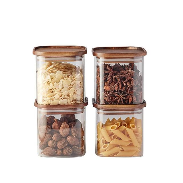 Essos Square Glass Jars with Wood Lids Set of (4) 33 fl oz Airtight and Stackable Storage Containers for Kitchen Pantry or Bathroom BPA Free and Recyclable Canister for Food Cookies Coffee Pasta Sugar