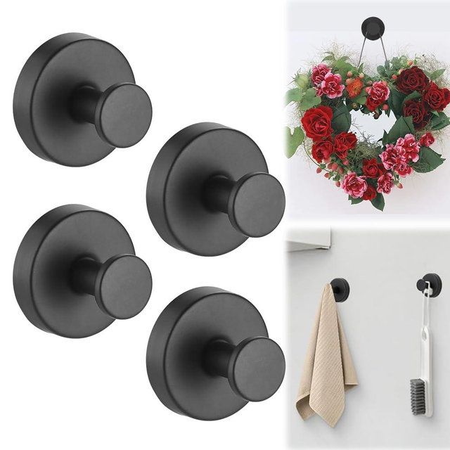 Auiepet Suction Cup Hooks for Wreaths on Glass, 2025 New Luxe Hold No Drill Hooks for Shower Hanging Towels, Suction Cup Wreath Hanger Holder for Glass Window Door Bathroom Mirrors (4, Black)