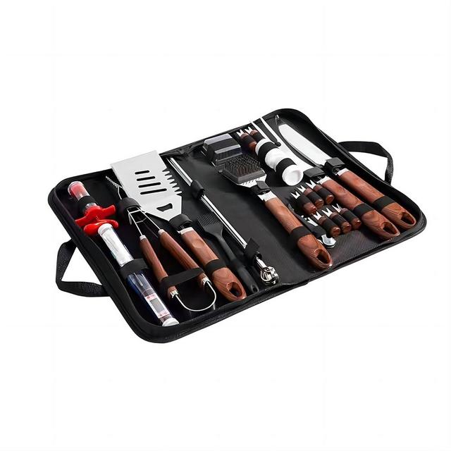 BBQ Grill Barbeque Grilling Accessories Tool Set kit - Heavy Duty Stainless Steel with Spatula Tongs Thermometer in Carry Bag Dad Birthday Gift Set Professional Griddle Utensil Kits (BrownHandle)