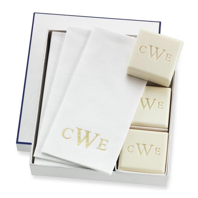 Williams Sonoma Home Monogrammed Soap & Towel Gift Set, Aqua Mineral, Gold Leaf