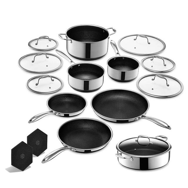 HexClad 15 Piece Hybrid Stainless Steel Cookware Set - 6 Piece Frying Pan Set, 6 Piece Pot Set and 7 Quart Pot Deep Fryer along with 2 Silicone Trivets