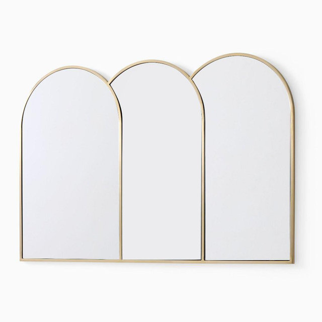 Triple Arched Metal Frame Wall Mirror, Antique Brass, 54"Wx36"H