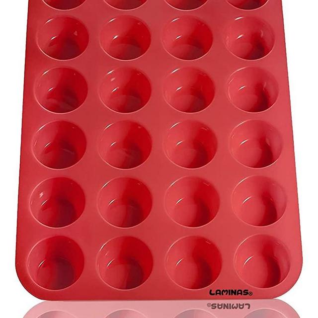 Laminas Silicone Mini Muffin Cupcake Baking Pan 24 Cup Bite Size, BPA Free, Non Stick, Easy To Clean, Oven, Microwave, Dishwasher, Freezer safe, Heat Resistant Up To 450F, Red - Plus Free Recipe eBook