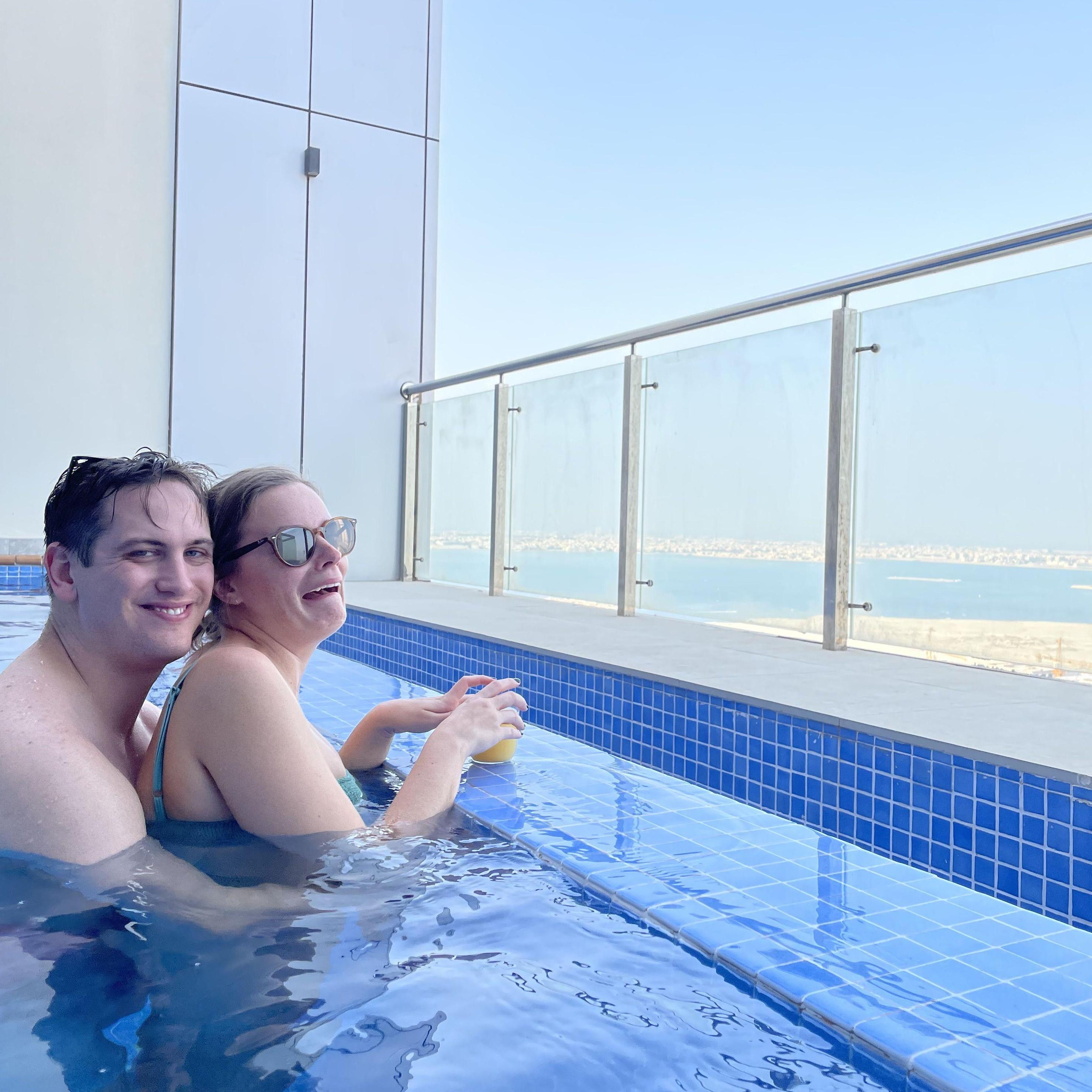 Pool in Bahrain overlooking the bay (August 2022). Sam really enjoys heights.
