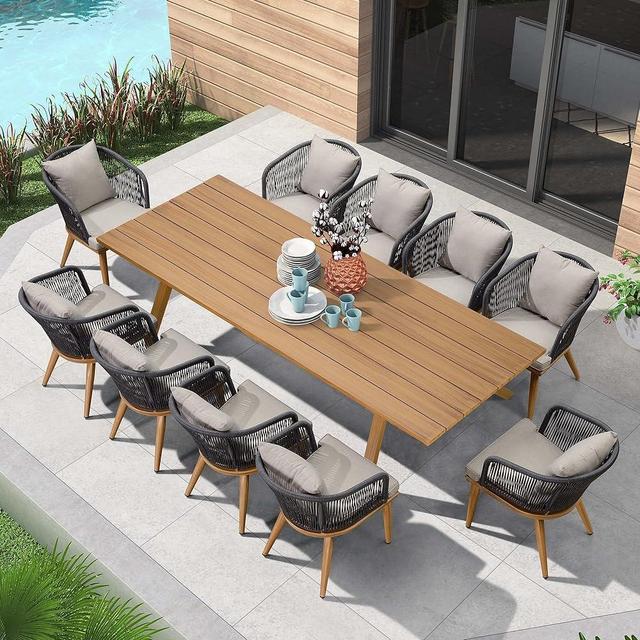 PURPLE LEAF 11 Pieces Patio Dining Set Wicker Outdoor Furniture Rectangular Table and Chairs Set for Garden Deck Teak-Finish Aluminum Frame Backyard Kitchen Set, Cushions and Pillows Included