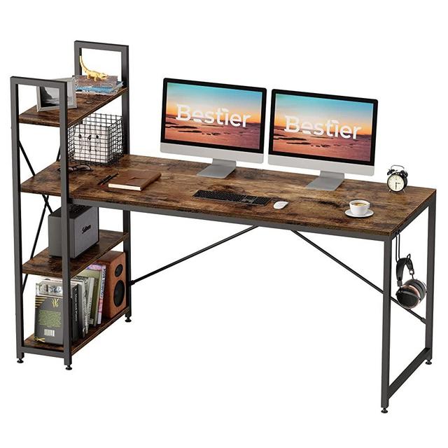 Bestier Computer Desk 63 Inch with Storage Shelves Large Writing Desk with Bookshelf Reversible PC Study Table with Headphone Hook for Home Office, Rustic Brown