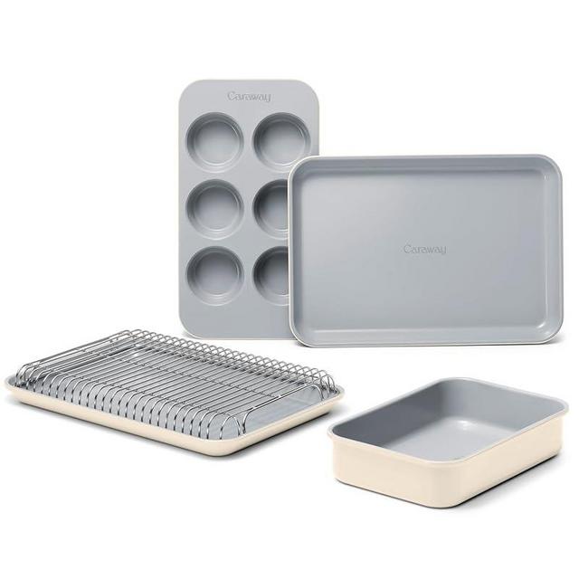 Caraway Mini Bakeware Set – Naturally Non-Stick, Non-Toxic Ceramic Coating – Compact Baking Pans Set for Small Kitchens & Ovens – Includes Baking Sheets, Muffin Pan, Cooling Rack & Storage - Cream