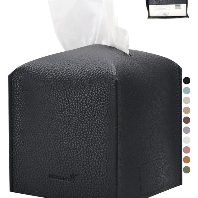 PENGLONG Tissue Box Cover 5X5X5'' PU Leather Tissue Holder Square Tissue Cube Box Organizer for Bathroom Vanity Countertop, Car, Night Stands, Office, Home, Kitchen (1Pack, Black)