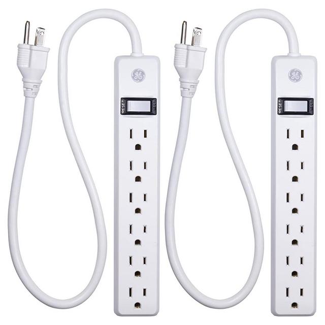 GE, White, 6 Outlet 2 Pack, 2 Ft Cord, Switched Power Strip, Integrated Circuit Breaker, Overload Protection, Wall Mountable, 3 Prong, UL Listed, 14833, Count