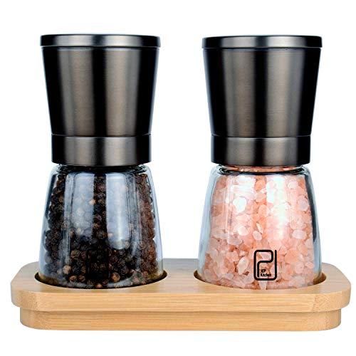 Premium Black Stainless Steel Salt and Pepper Grinder Set With Stand in Bamboo Wood - Gunmetal Salt and Pepper Shakers with Adjustable Coarseness - Black Pepper Mill and Salt Grinders Shaker set
