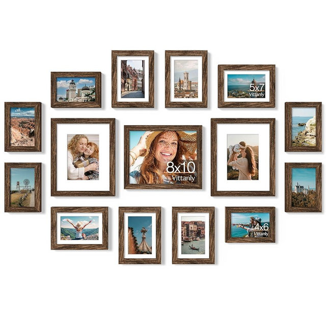 Vittanly 15 Pack Picture Frames Collage Wall Decor for Mounting or Tabletop Display, Gallery Frame Set for Family, Multi Sizes Including 3pcs 8x10, 6pcs 5x7, 6pcs 4x6, Brown