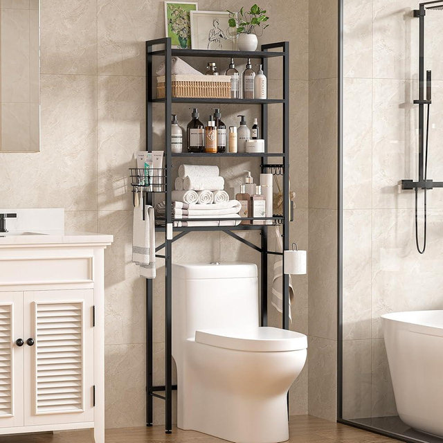 TETOTE Over Toilet Bathroom Organizer, 4-Tier Bathroom Over The Toilet Storage with Adjustable Shelf and Basket, Freestanding Space Saver Bathroom Shelves Above Toilet for Room(Black)