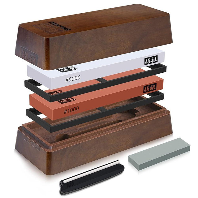 SHAN ZU Whetstone Knife with Storage Box Sharpening Stone 2 Pieces Knife Sharpener, Knife Stone Grit 1000/5000 with Non-Slip Silicone Base and Angle Guide Wetstone for The Kitchen Knives