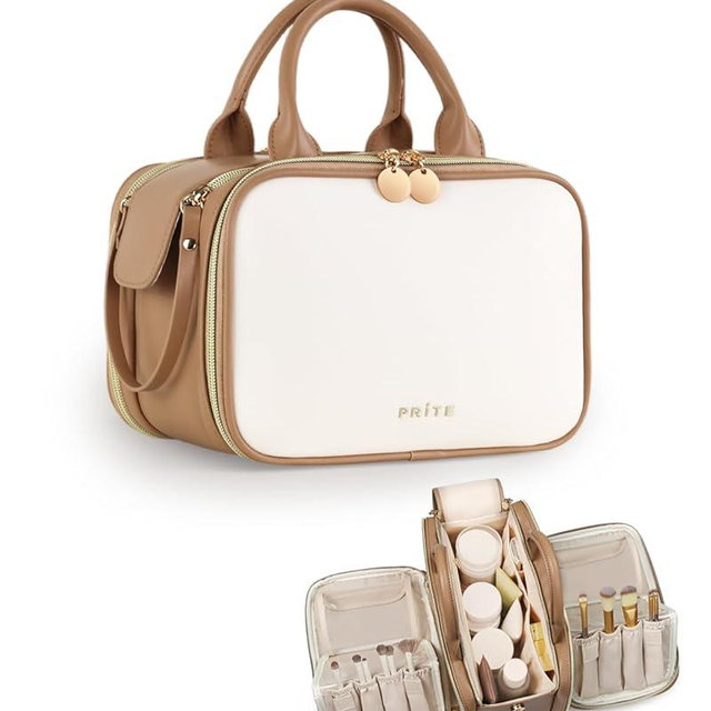 Prite Makeup Bag for Women, Large Capacity Waterproof Travel Cosmetic Organizer, Portable Open Flat Toiletry Bag with Free-standing Brush Holder and Handle(Beige Brown Medium)