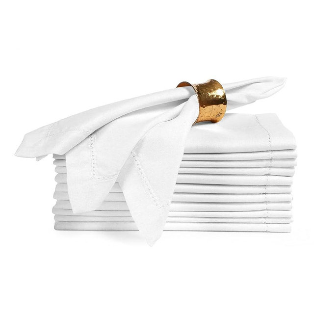 Ramanta Home Set of 12 Polyester Cloth Napkins 20x20 Inches - Hemstitched Washable Dinner Napkins for Weddings, Thanksgiving, Hotel - Soft Durable Table Linen for Parties or Everyday Use - White