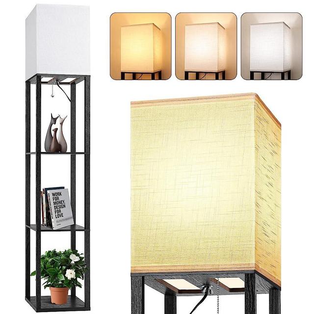 Floor Lamp with Shelves for Living Room, Shelf Floor Lamp with 3 CCT LED Bulb, Corner Display Standing Column Lamp Etagere Oranizer Tower Nightstand with White Linen Shade for Bedroom, Office