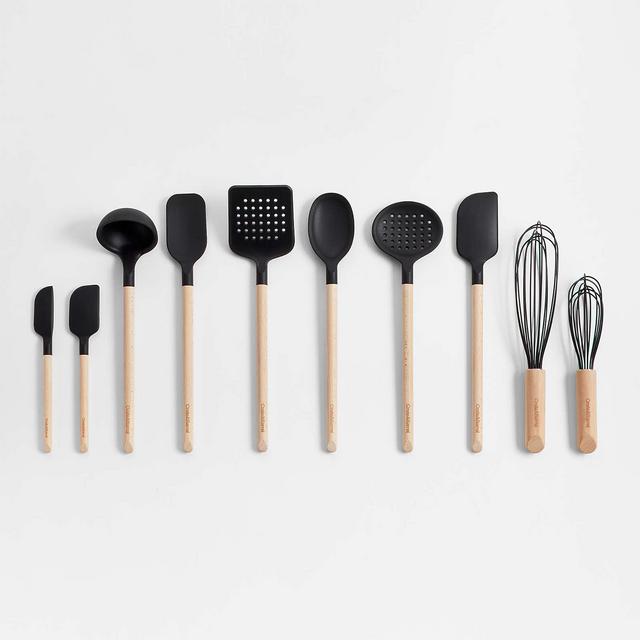Crate & Barrel Wood and Black Silicone Utensils, Set of 10