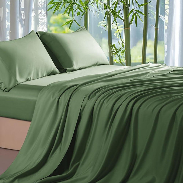 Shilucheng 100% Viscose Derived from Bamboo_ Sheets King Size 4pcs - Ultra Cooling & Silky Soft Bed Sheets, 16" Deep Pocket, Perfect for Hot Sleepers, Hotel Bedding Sheets (Olive)