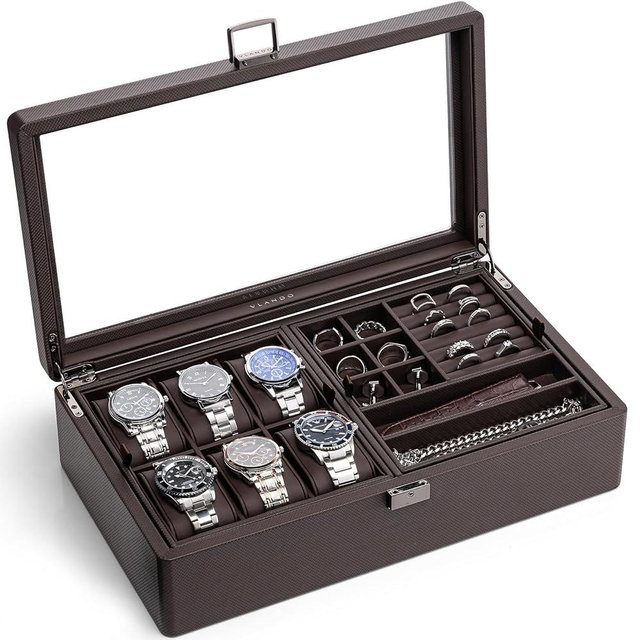 Vlando 6-Slot Watch Box Organize, Lockable Watch Case with Textured Leather, 2 Layer Watch Holder for Rings, Bracelets, Glasses, Glass Lid, Removable Divider, Gift for Fathers, Husband, Friend, Brown
