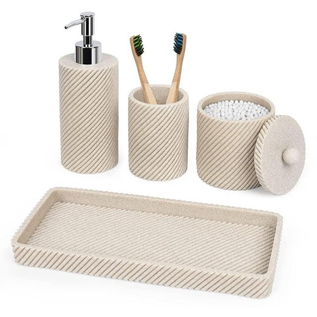 Bathroom Accessories Set 4Pcs-Lotion Soap Dispenser,Toothbrush Holder,Qtip Holder Dispenser,Vanity Tray for Decor Bathroom Countertop,Vanity Organizer-Beige