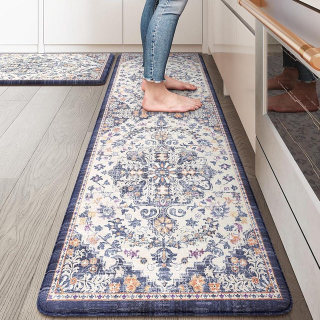KIMODE Anti Fatigue Kitchen Mat, Boho Vintage Kitchen Rugs Sets of 2, Cushioned Kitchen Floor Mats Non Slip, Waterproof Comfort Foam Standing Desk Mat for Laundry, Office, Sink, Blue and Purple