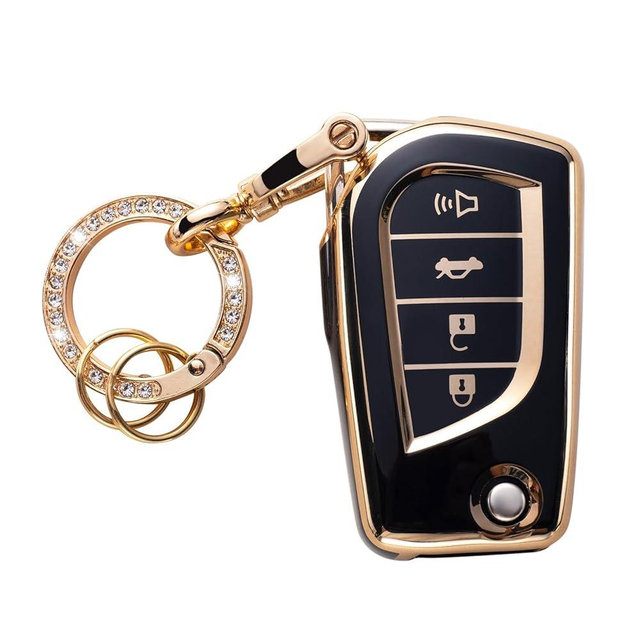 Gematay for Toyota Key Fob Cover with Keychain, Key Shell Cover Holder Compatible Toyota RAV4 Fortuner Tundra Camry Highlander Corolla Smart Key Fob, Black