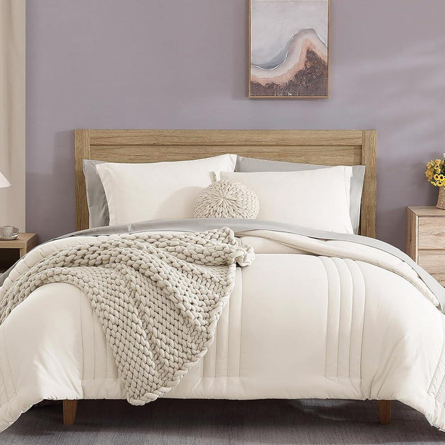 Monbix Queen Comforter Set - 7 Pieces Snow White Bed in a Bag Queen Bedding Sets with Comforters, All Seasons Down Alternative Comforter Bed Set with Sheets,Pillowcases & Shams
