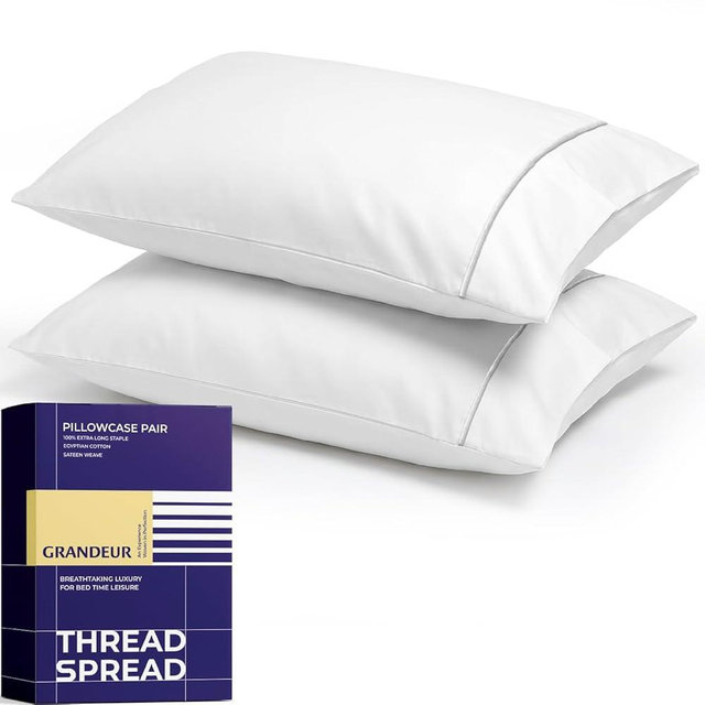 THREAD SPREAD 100% Egyptian Cotton Pillowcases Queen Size Set of 2 - Luxury 2000 Series Standard/Queen Pillow Cases, Soft Cooling Sateen Weave, Envelope Closure Hotel Style (21” x 32”, White)