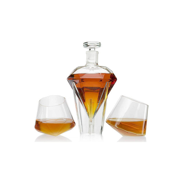The Wine Savant Clear Diamond Decanter for Wine & Whiskey Set Includes 2 Clear Whiskey Diamond Glasses, Stylish & Beautiful Home Decor - 750 ml