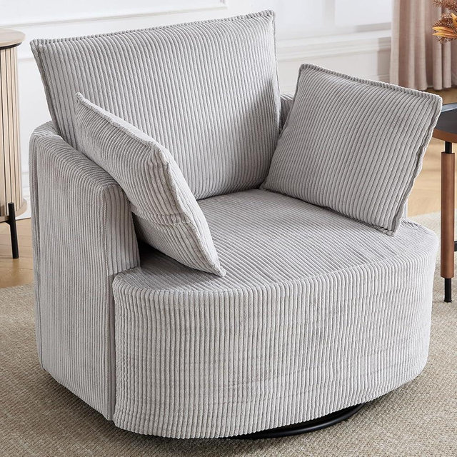 CANMOV Swivel Accent Chair, 360°Swivel Barrel Chair with 3 Pillows, Comfy Corduroy Round Armchair Single Sofa Chair for Living Room Bedroom Reading Room, Grey