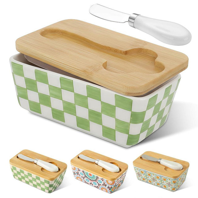 Butter Dish with Lid, Ceramic Butter Holder with Bamboo Lid & Butter Knife, Green Cute Butter Dish, Covered Butter Dish for Countertop & Fridge, Kitchen Counter Decor (Hand-painted grid-Standard Size)