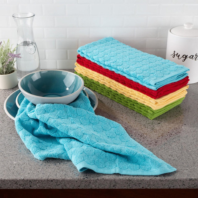 Kitchen Towels- Set of 8 -16"x28"-Absorbent 100% Cotton Hand Towel- Modern Circle Pattern Weave in 4 Solid Colors for Drying by Hastings Home