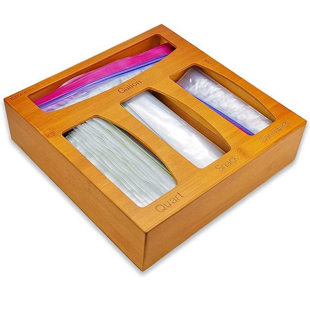 CRAKTH Bamboo Ziplock Bag Storage Organizer and Dispenser for Kitchen Drawer, Suitable for Gallon, Quart, Sandwich & Snack Variety Size Bag