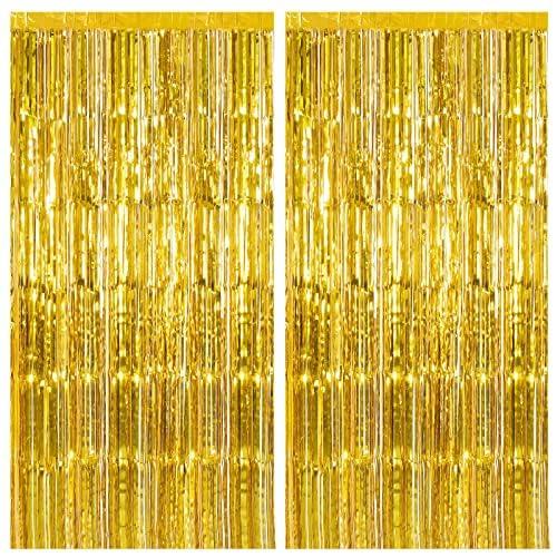 2 Pack Gold Fringe Curtain Backdrop Tinsel Streamers Birthday Party Decorations Christmas Photo Booth Backdrop Halloween New Year Graduation Baby Shower Theme Party Decorations