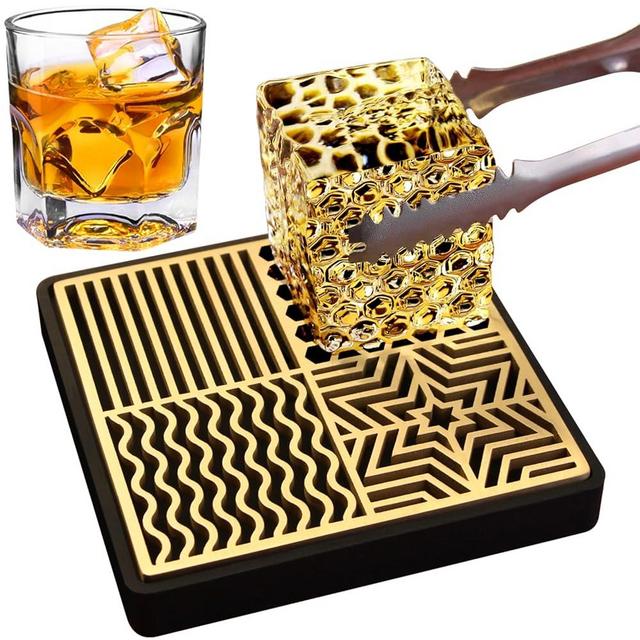 Ice Stamp Tray for Cocktails & Whiskey - Brass Ice Cube Imprinter for Clear Ice Cubes -Ice Press Craft Modern Ice Molds Stamps -B Style