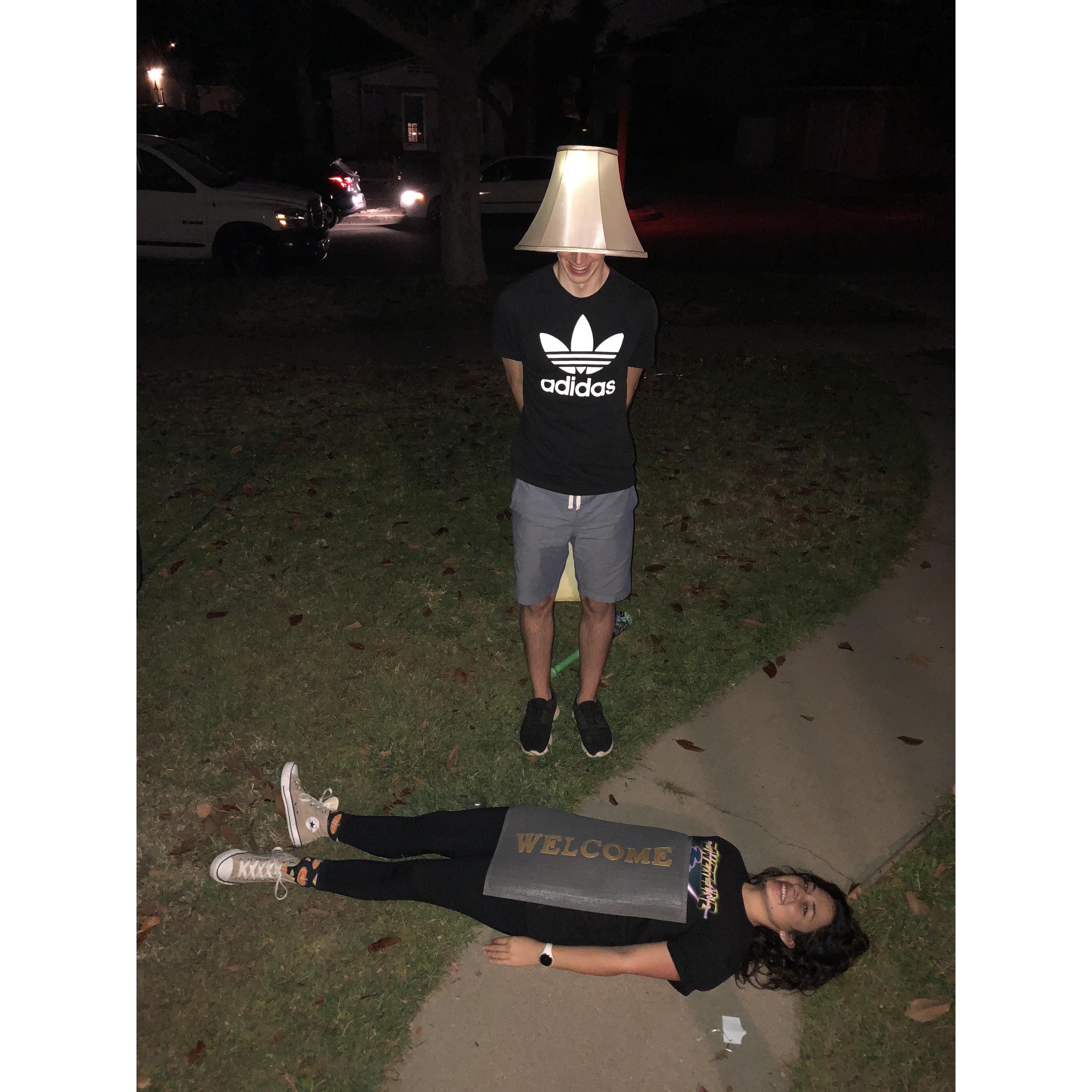 Halloween- Jon was a lamp and I was a welcome mat