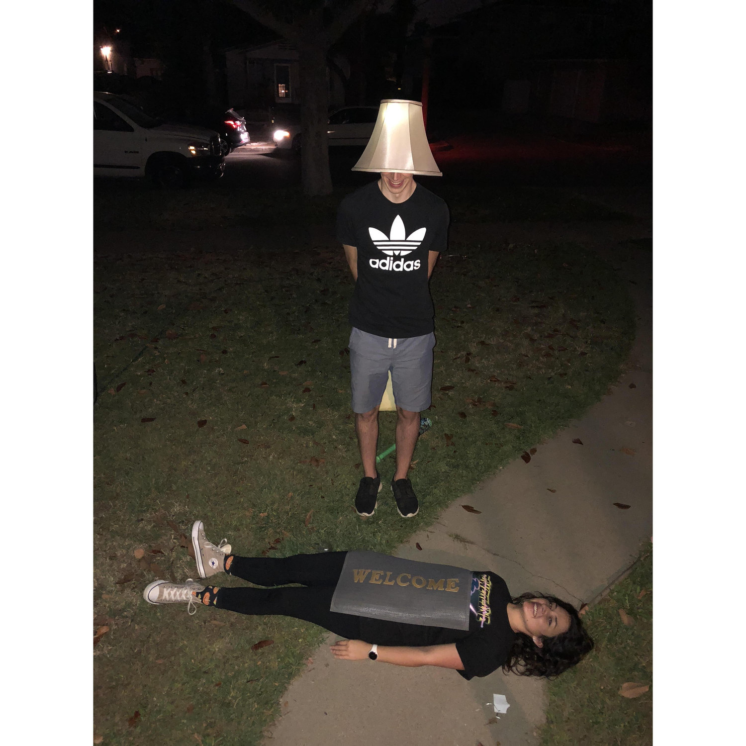 Halloween- Jon was a lamp and I was a welcome mat