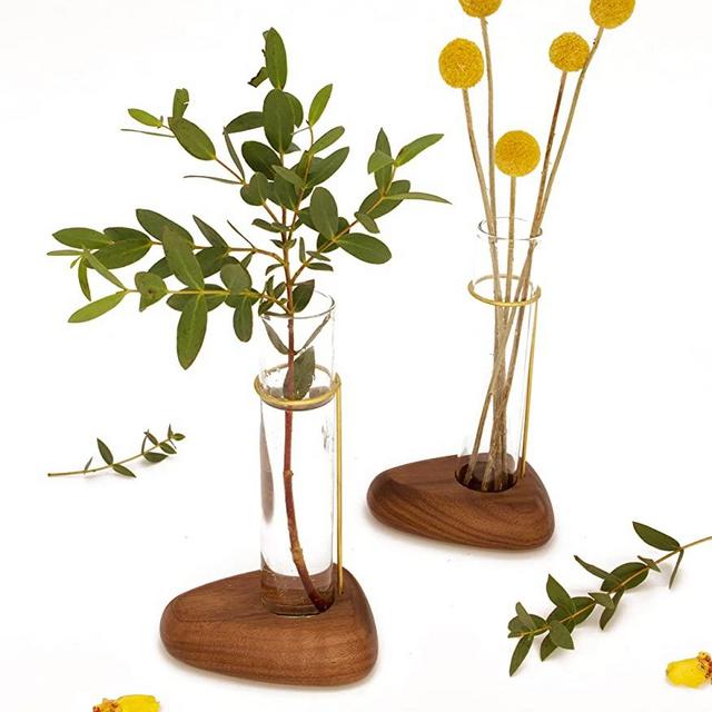 Cosymple Pebble Desktop Plant Propagation Stations, Terrarium Flower Vase with Premium Handmade Walnut Wood Base, Plants Décor for Home and Office, Set of 2
